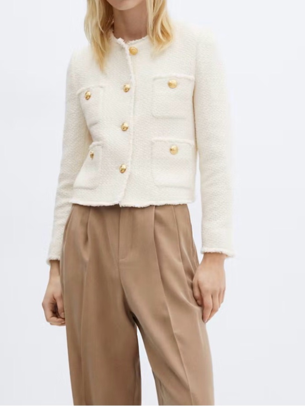 Mango Cream Bouclé Cropped Blazer with Gold Buttons